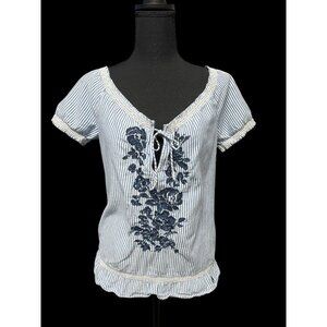 Abercrombie & Fitch Striped Short Sleeve Blouse W/ Embroidered Floral Design & T